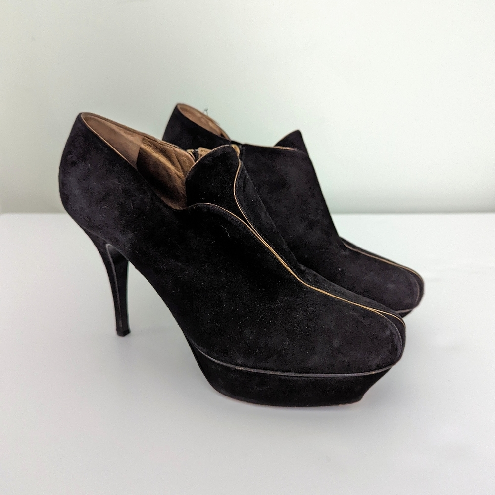 Yves Saint Laurent Black Suede Gold Accent Platform Heel Booties